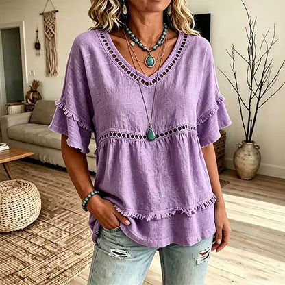 Women's V-Neck Ruffle Sleeve Tunic Blouse