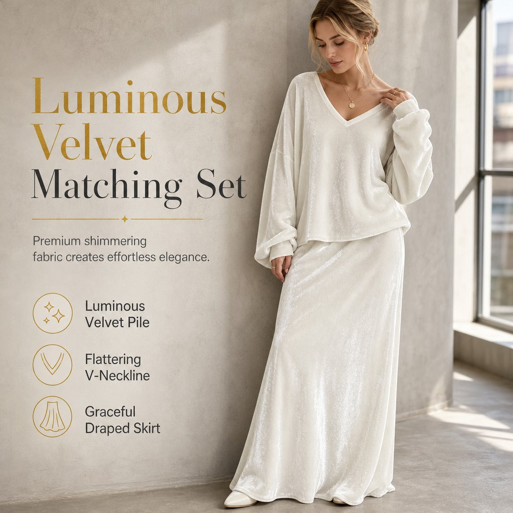 Women's Velvet V-Neck Top and Skirt Set