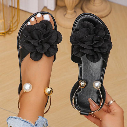 Women's Floral Flat Sandals with Decorative Ankle Accent