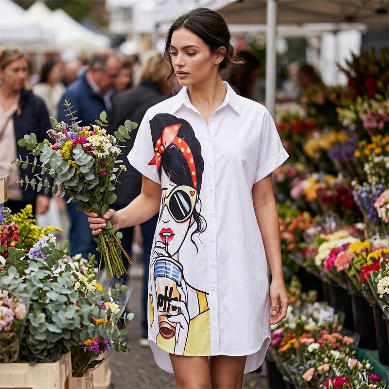 Women's Artistic Portrait Print Shirt Dress