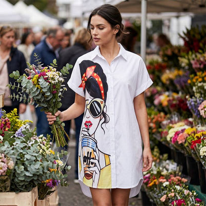 Women's Artistic Portrait Print Shirt Dress