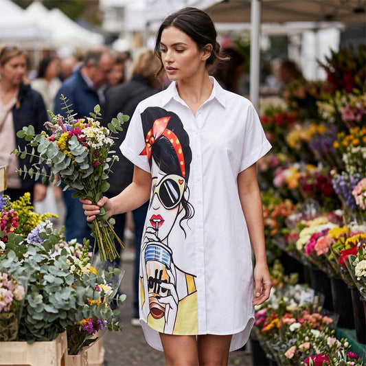 Women's Artistic Portrait Print Shirt Dress