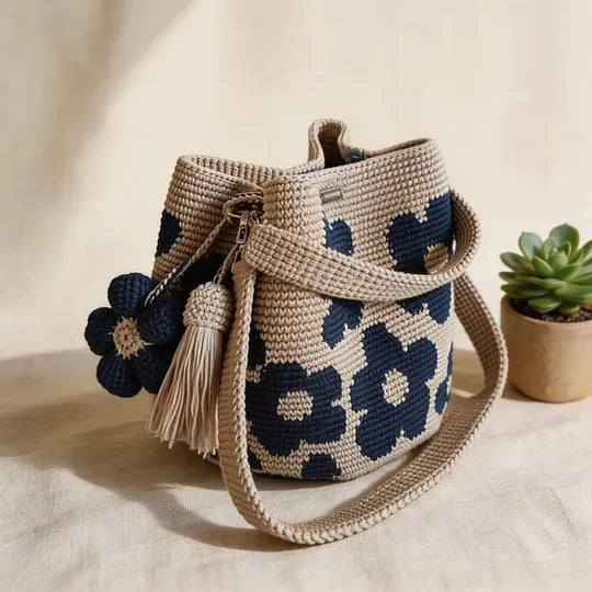 Crochet-Style Floral Bucket Shoulder Bag