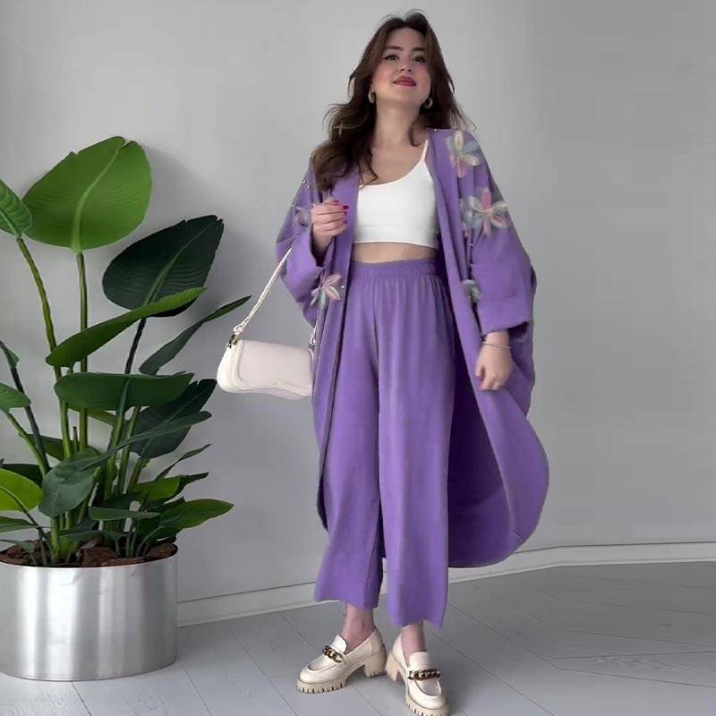 Women's Embroidered Kimono & Wide-Leg Pants Set