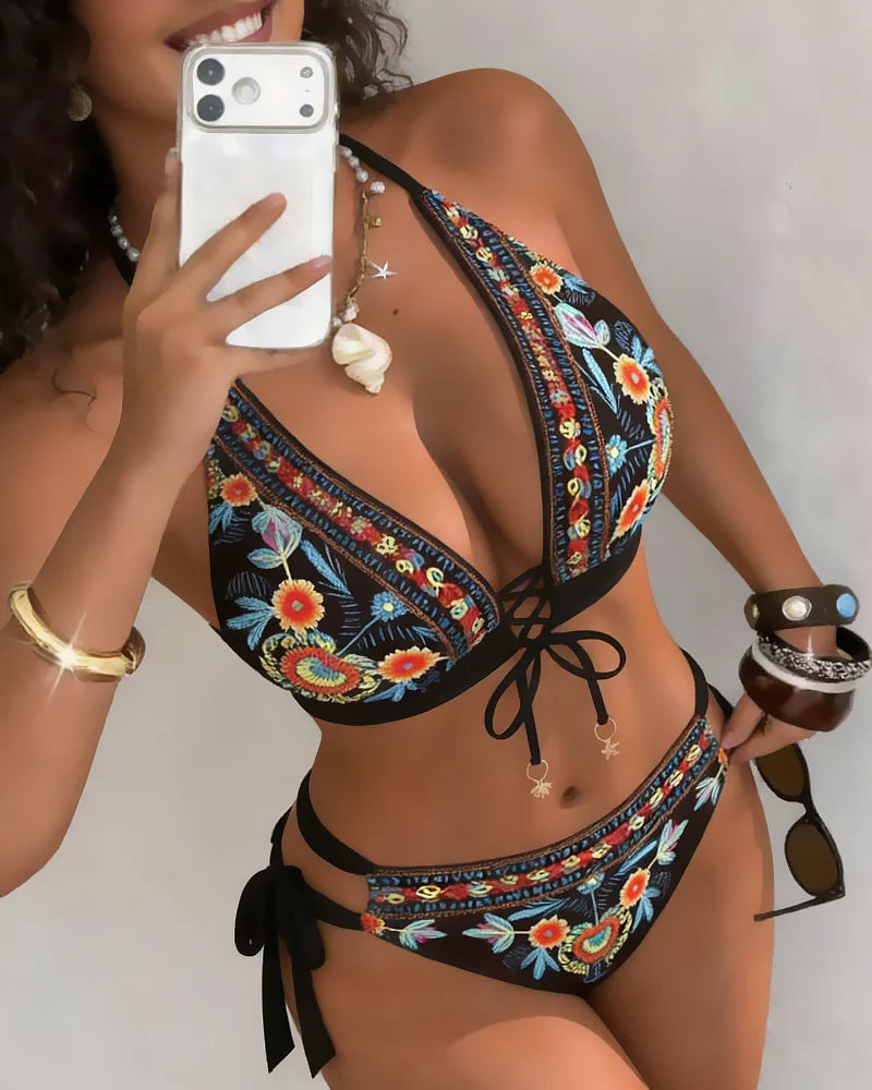 Women's Floral Print Lace-Up Bikini Set