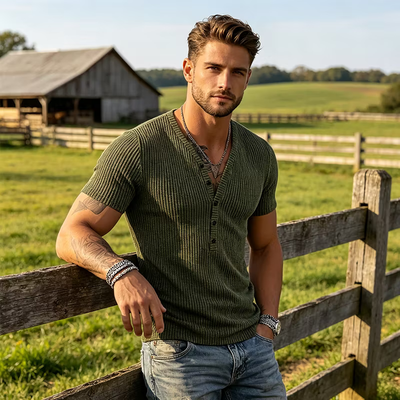 Men's Ribbed Short Sleeve Henley T-Shirt