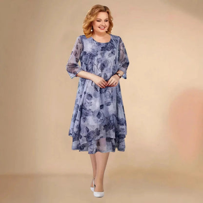 Women’s Elegant Floral Chiffon Layered Midi Dress