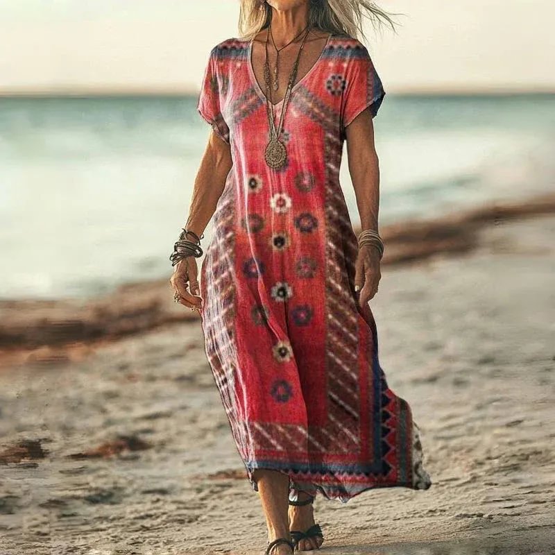 Women's Printed V-Neck Maxi Dress