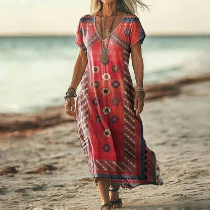 Women's Printed V-Neck Maxi Dress