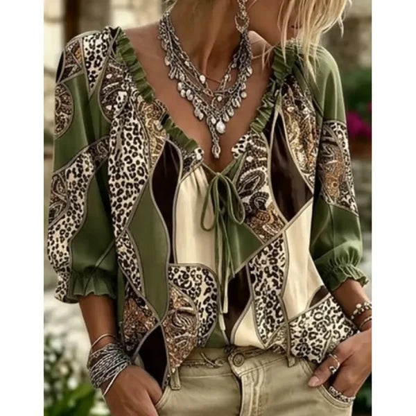 Women’s Leopard Lace-Up Puff Sleeve Blouse