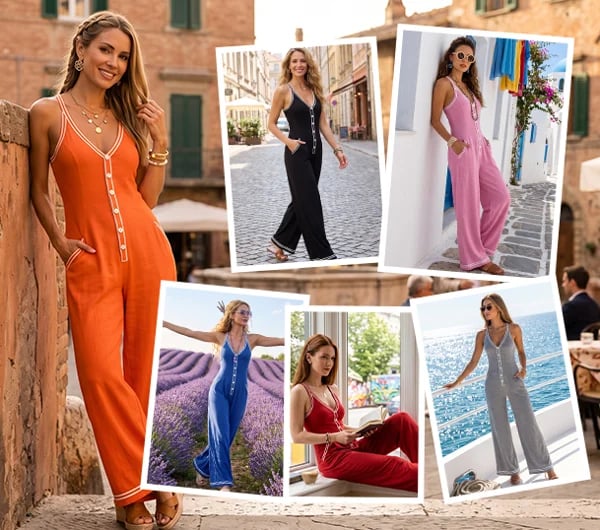 Women's Contrast-Trim Button-Front Jumpsuit