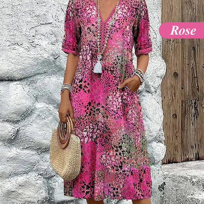 Women's Printed V-Neck Midi Dress