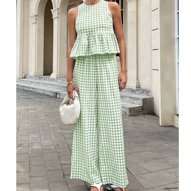 Women's Gingham Peplum Top & Wide-Leg Pants Set