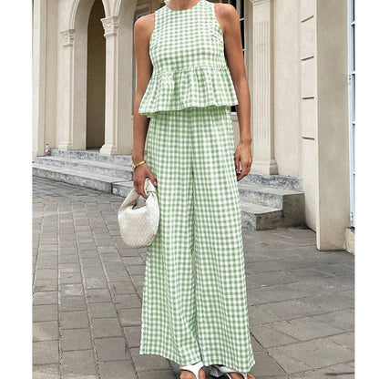 Women's Gingham Peplum Top & Wide-Leg Pants Set