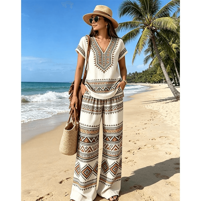 Women's Printed V-Neck Two-Piece Lounge Set