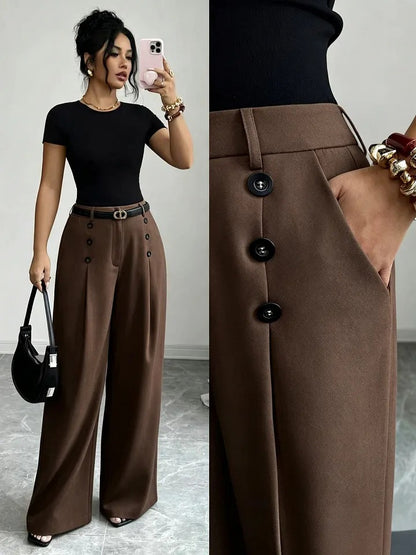 Women's Wide-Leg Button-Front Dress Pants