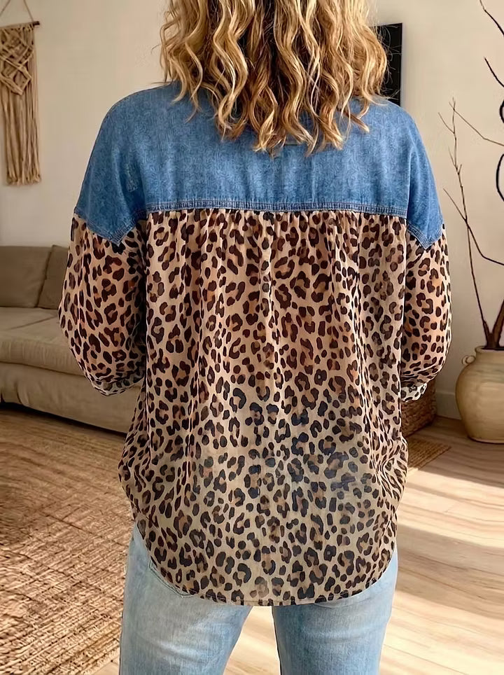 Women's Denim and Animal Print Button Down Shirt