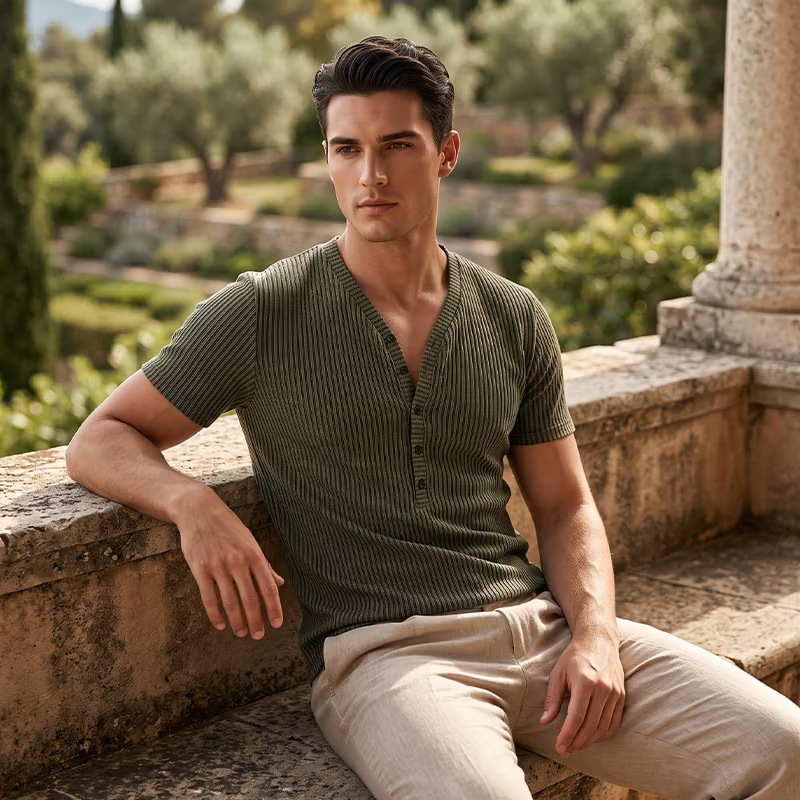 Men's Ribbed Short Sleeve Henley T-Shirt