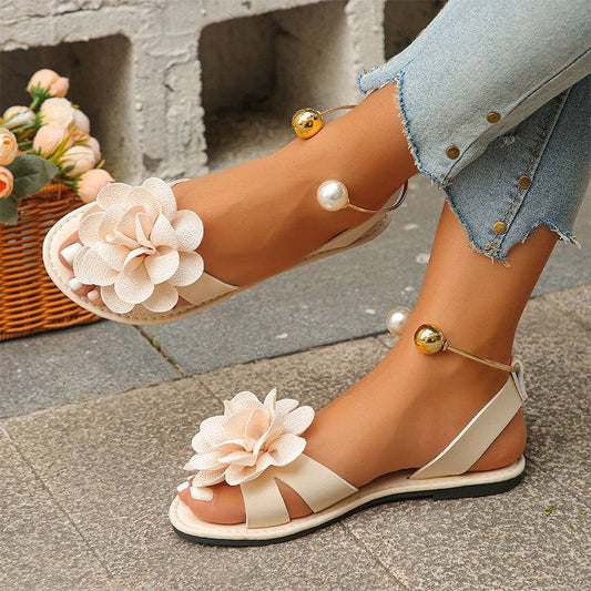 Women's Floral Flat Sandals with Decorative Ankle Accent