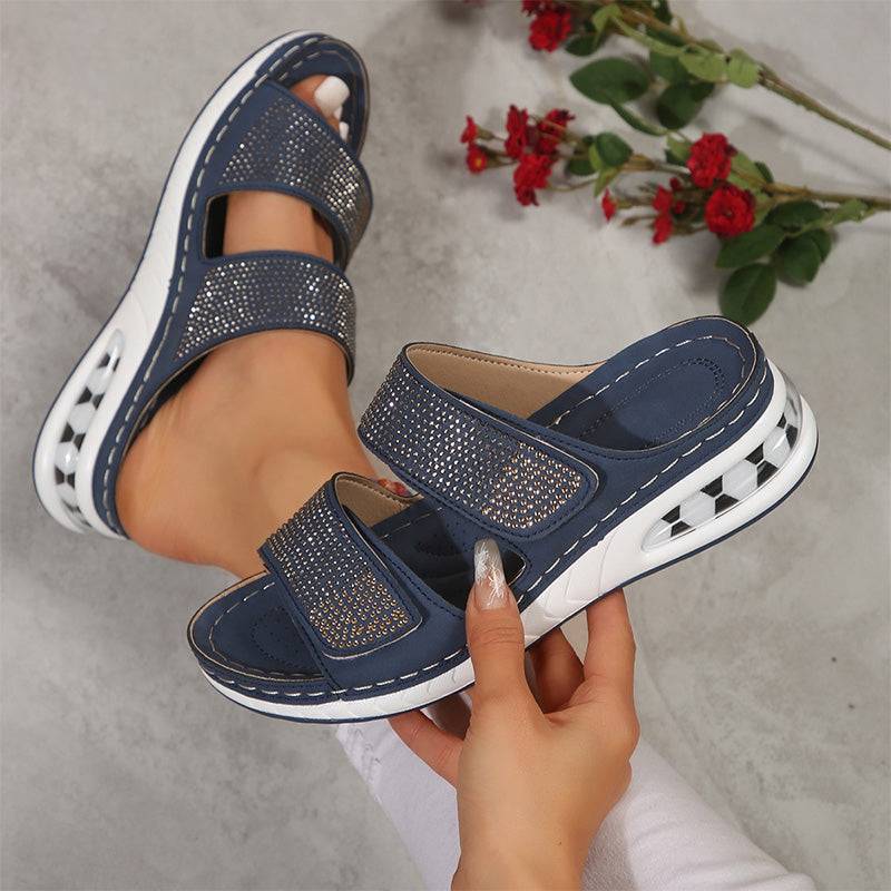 Women's Rhinestone Double Strap Wedge Sandals