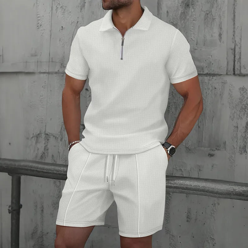 Men's Waffle Knit Polo Shirt & Shorts Set