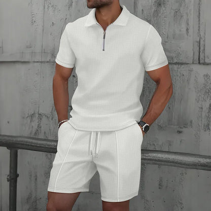 Men's Waffle Knit Polo Shirt & Shorts Set