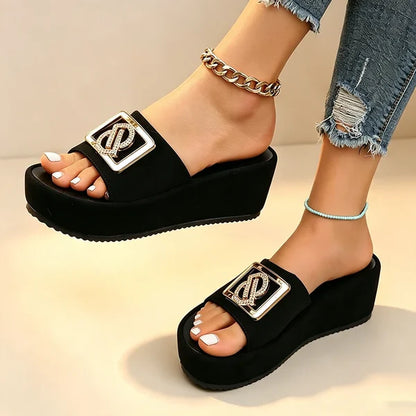 Women’s Sparkle Buckle Platform Slides
