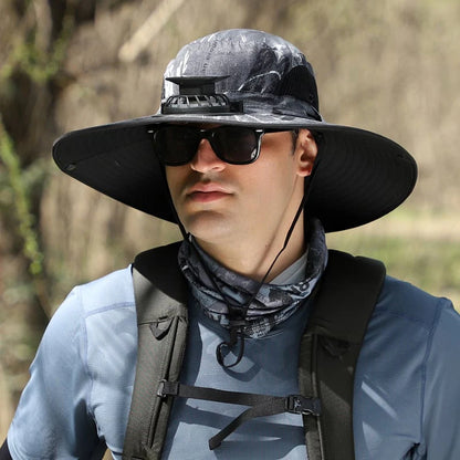 Unisex Wide Brim Outdoor Sun Hat with Solar Fan