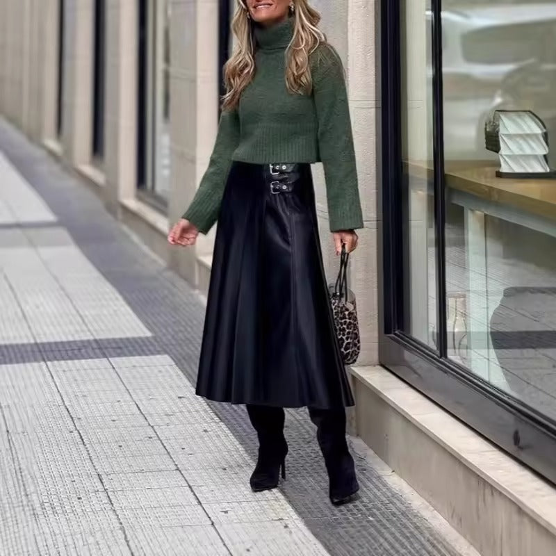 Women's Pleated Skirt with Side Buckle Details