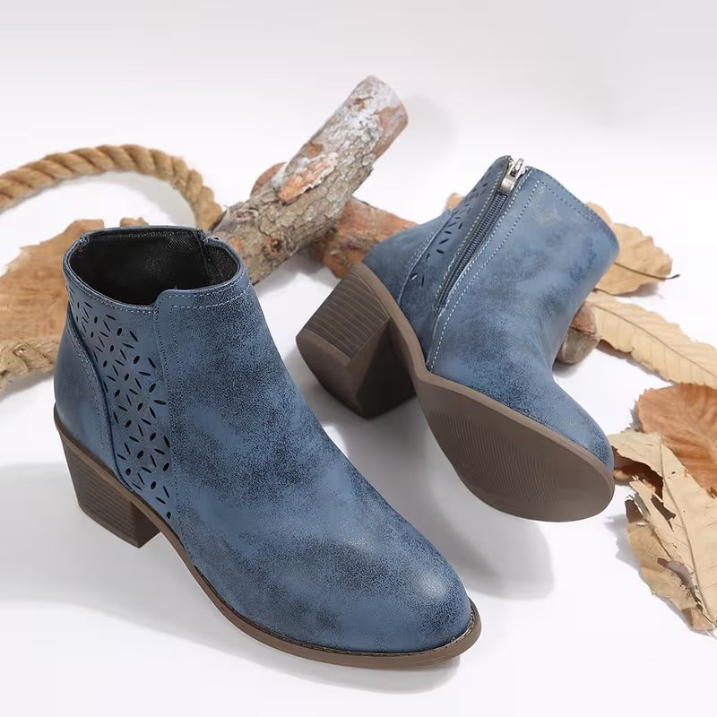Women's Perforated Ankle Boots with Chunky Heel