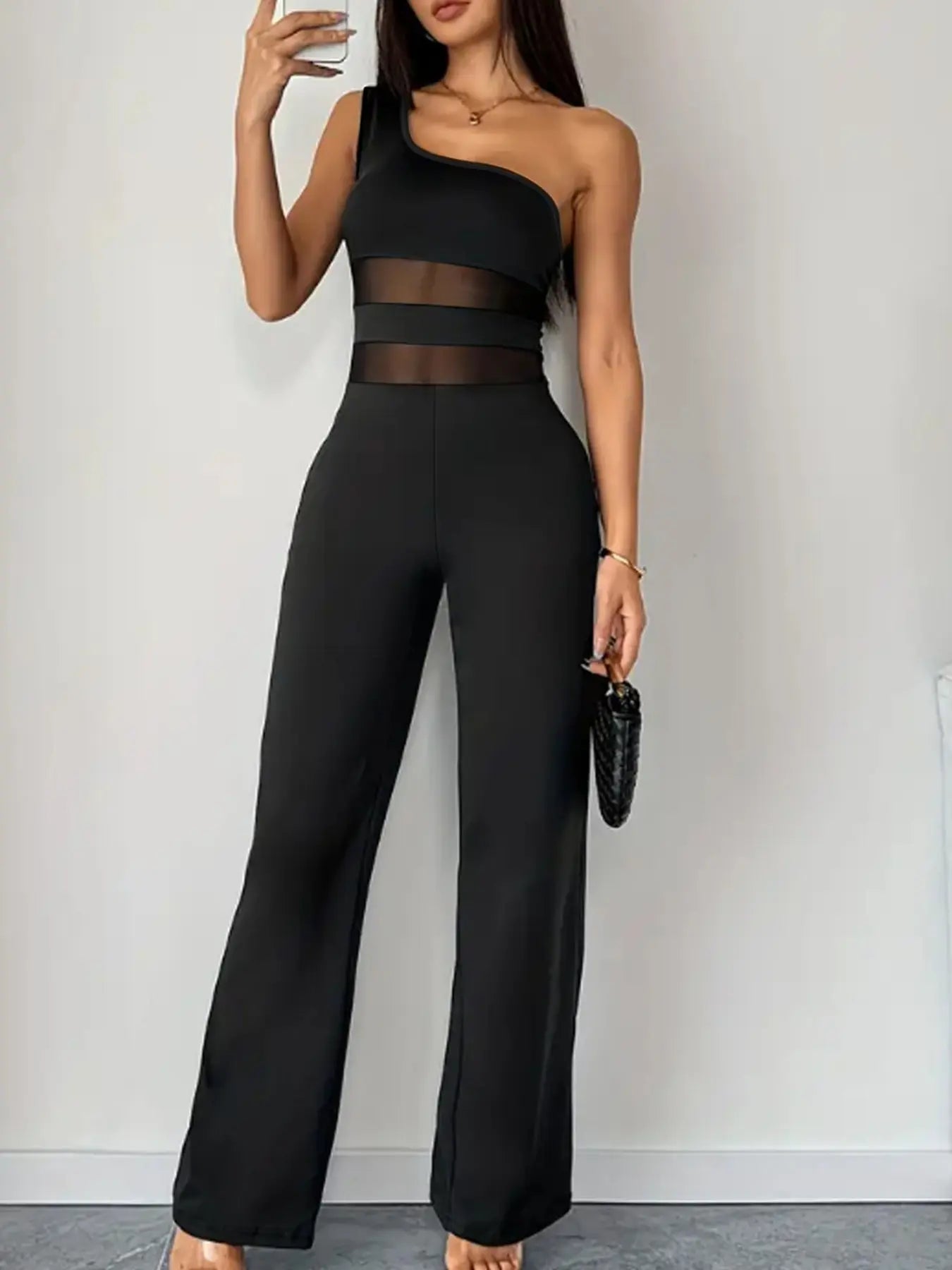 Women's One-Shoulder Mesh Panel Jumpsuit