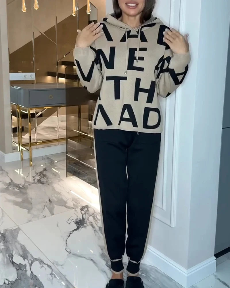 Women's Letter Print Hooded Two-Piece Set