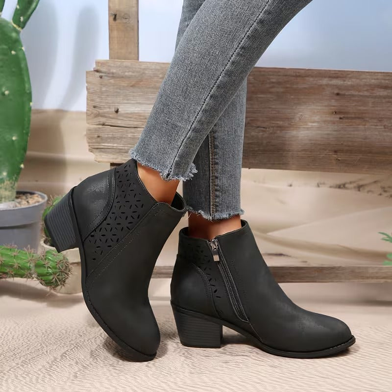 Women's Perforated Ankle Boots with Chunky Heel