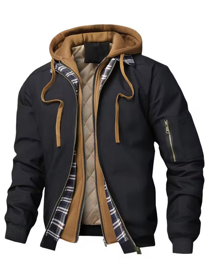 Men's Hooded Plaid Trim Jacket