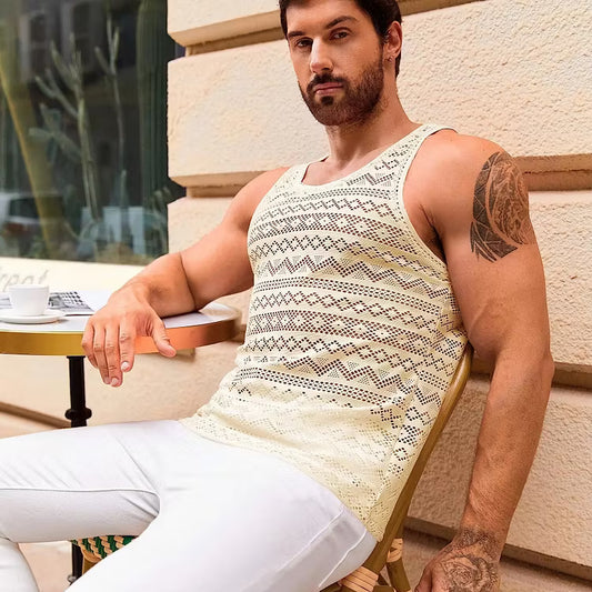 Men's Crochet Knit Sleeveless Tank Top