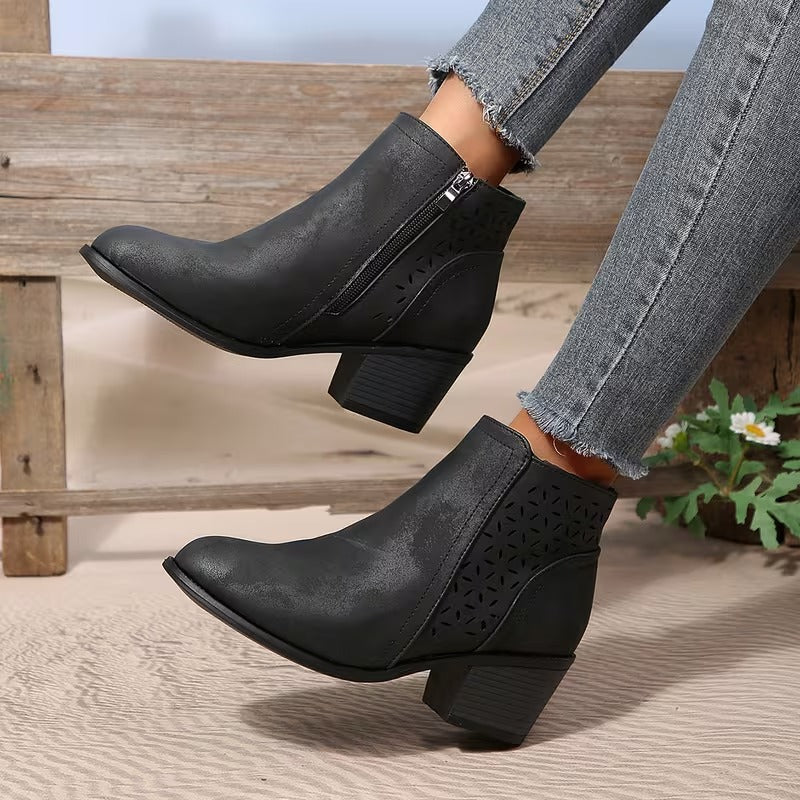 Women's Perforated Ankle Boots with Chunky Heel