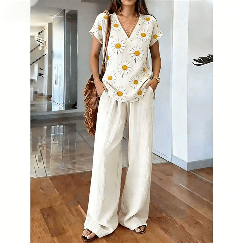Women's Printed V-Neck Two-Piece Lounge Set