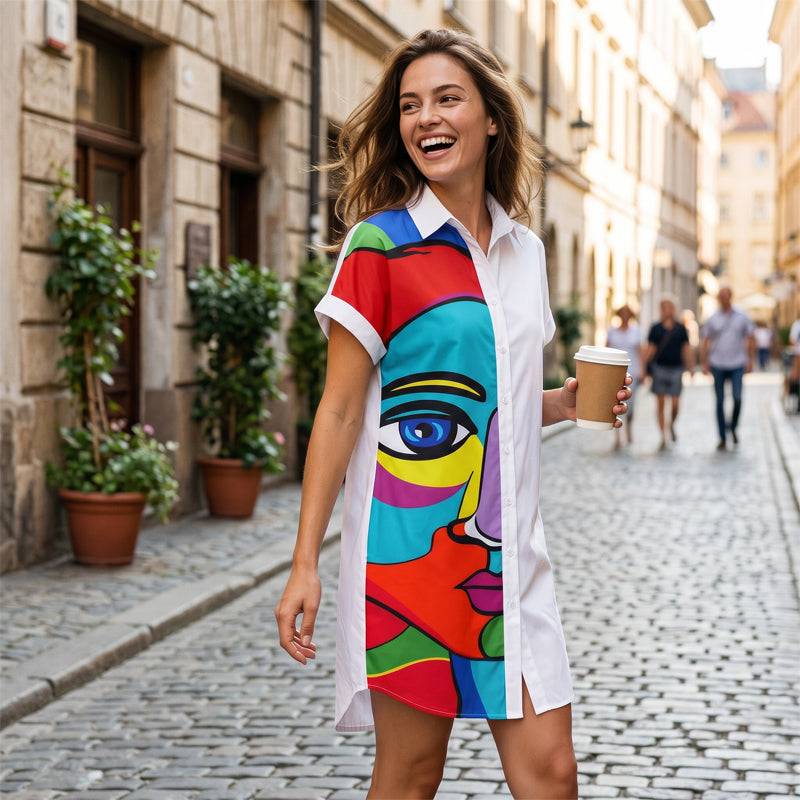 Women's Artistic Portrait Print Shirt Dress
