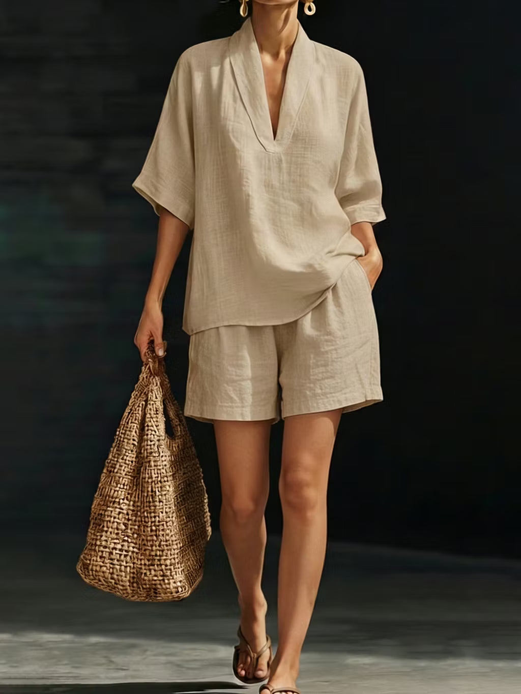 Women's V-Neck Textured Top & Shorts Set