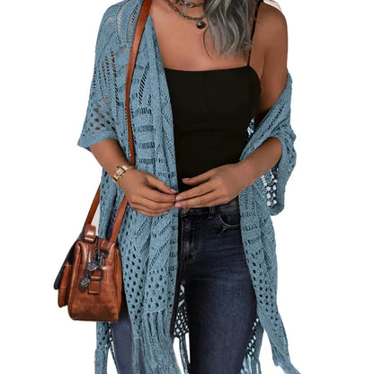 Women's Oversized Crochet Knit Tassel Cardigan