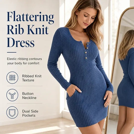 Women's Ribbed Knit Dress with Button Neckline