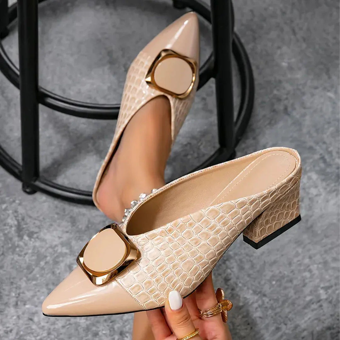 Women's Croc-Embossed Pointed Toe Block Heel Mules