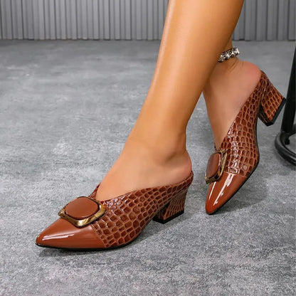 Women's Croc-Embossed Pointed Toe Block Heel Mules