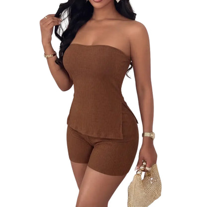 Women's Ribbed Strapless Top and Shorts Two-Piece Set