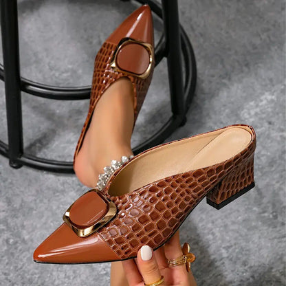 Women's Croc-Embossed Pointed Toe Block Heel Mules