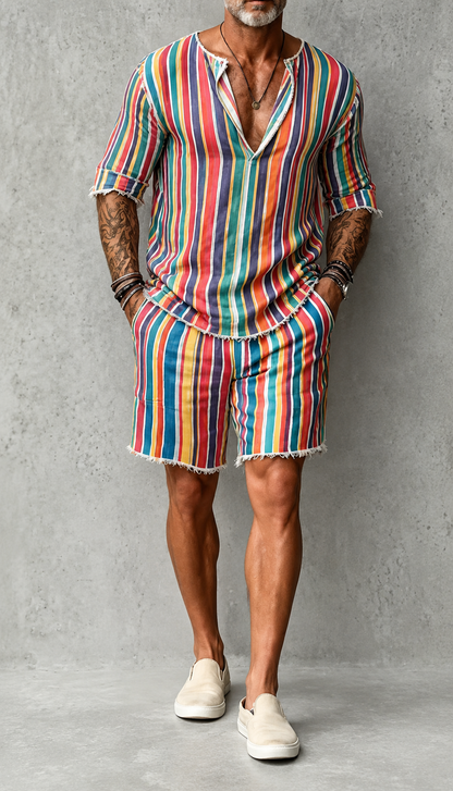 Men's Striped Henley Shirt & Shorts Set