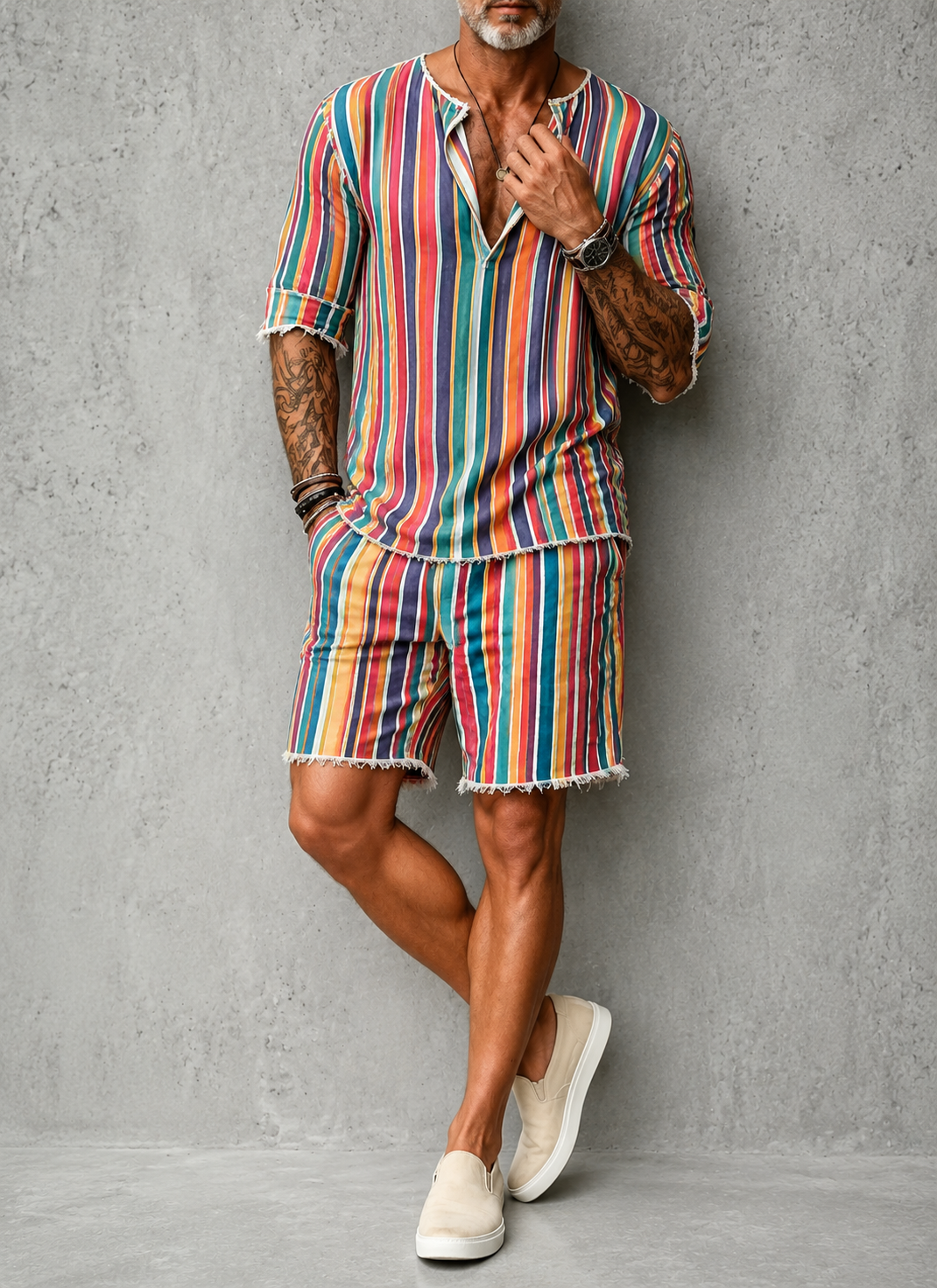 Men's Striped Henley Shirt & Shorts Set