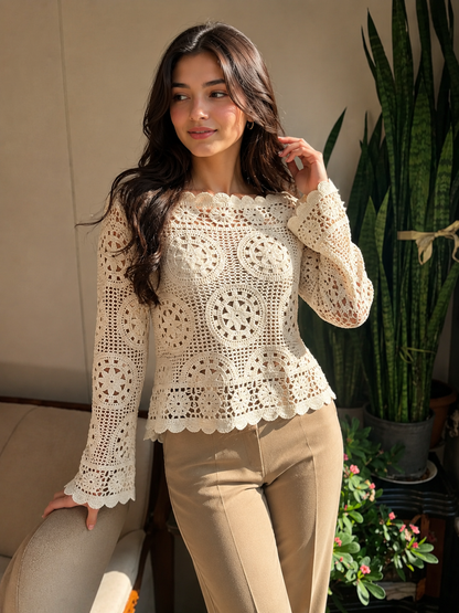 Women's Floral Crochet Lace Long Sleeve Blouse