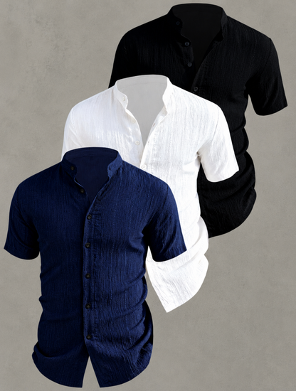 Men's Textured Stand Collar Shirt Set