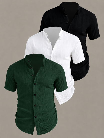 Men's Textured Stand Collar Shirt Set